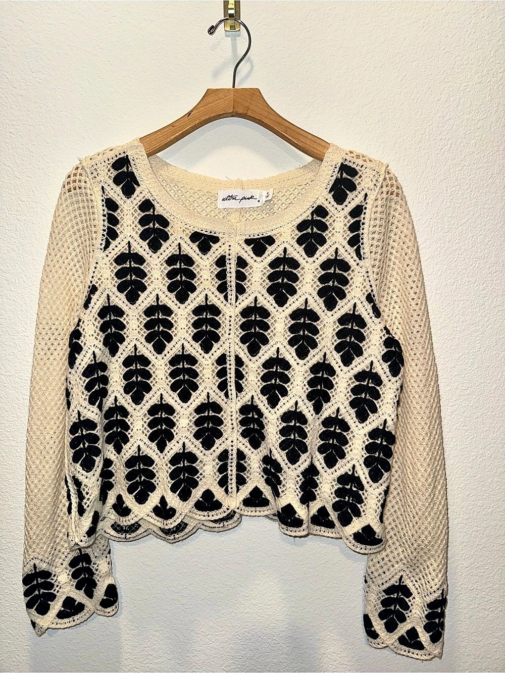 Ultra Pink Black & Cream Crochet Cardigan Sweater – Size M